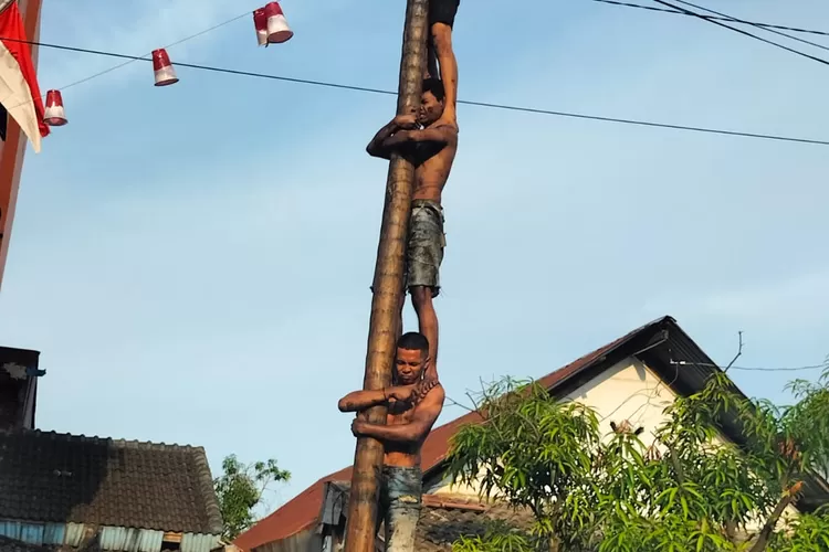 Suasana lomba panjat pinang memeriahkan HUT ke-77 RI Tahun 2022 di Lingkungan III Kelurahan Tegal Sari Mandala III Medan, Rabu (17/8). (Ist)