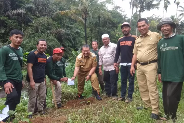 Bupati Tapsel Dolly Pasaribu bersama Kepala Dinas Lingkungan Hidup, Sekretaris Kecamatan Marancar, Ketua SHI Sumut dan Kader Konservasi Alam Tapsel, menanam pohong di pinggir Sungai Aek Marancar. (Foto ; Realitasonline / Riswandy)