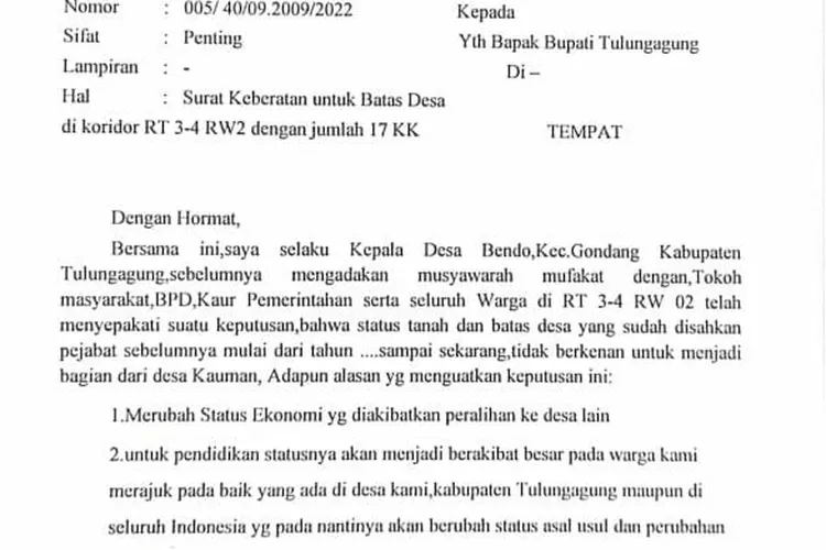 Tapal Batas Desa Dicaplok, Warga Bendo Kecamatan Gondang Protes Lewat Surat