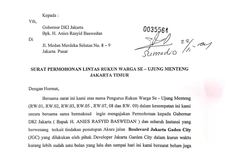 Surat permohonan para Ketua RW se Ujung Menteng, Cakung, Jakarta Timur.