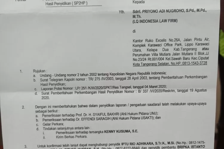 Inilah Surat penetapan tersangka Dirut PT Kencana Jaya Motor Kenny Kusuma ditetapkan sebagai tersangka memalsukan prlat nomor kendaraan palsu.
