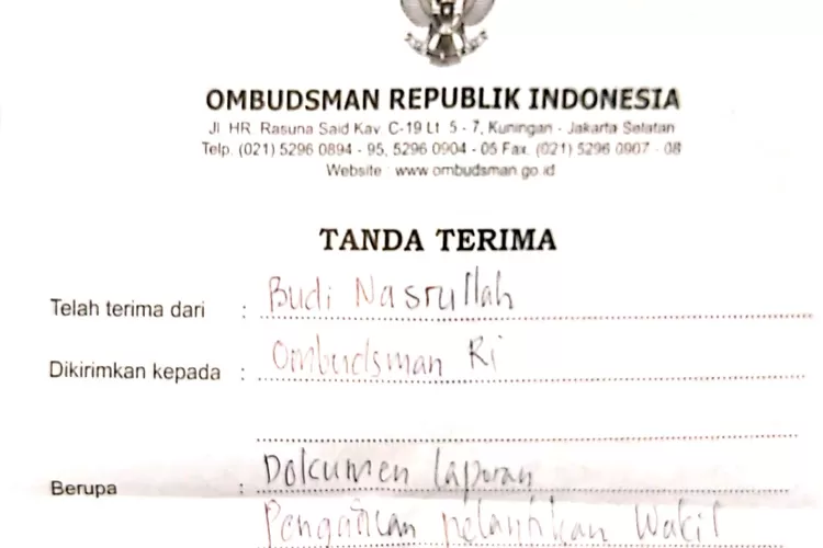 Surat pelaporan HMI Cabang Bekasi terkait pelantikan Wakil Bupati Bekasi sisa masa jabatan periode 2017-2022 ke Ombusman RI. (FOTO: Ist).