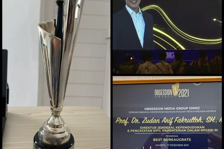 Dirjen Dukcapil Kemendagri  Zudan Arif Fakrulloh mendapatkan Best Bureaucrats Obsession Awards 2021 dari Obsession Media Group (OMG) yang dibesut dua saudara politisi Usamah Hisjam dan Ridwan Hisjam (Ist)