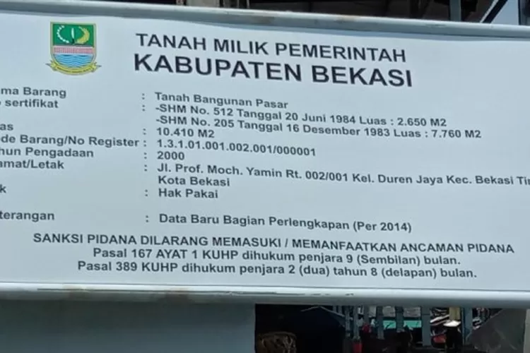 Plang kepemilikan aset Pemkab Bekasi. (FOTO: Dok/Suarakarya.id).