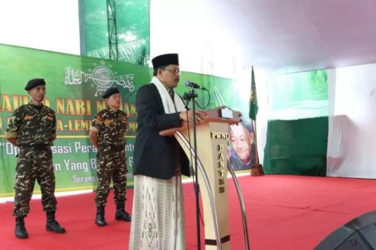 Ketua PWNU Banten K.H Bunyamin, saat sambutan dalam acara maulid nabi SAW, di kantor PWNU Banten, Sabtu, (1/12/2018)
