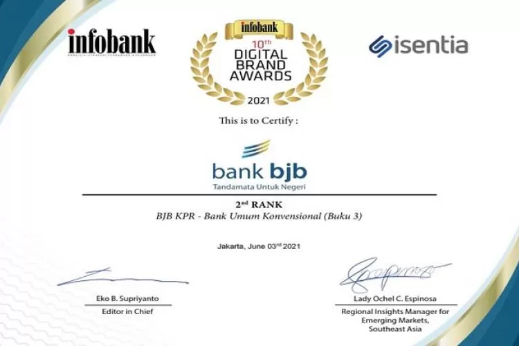 Sertifikat Penghargaan Digital Brand Award yang diterima Bank Bjb