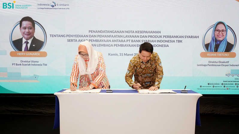 PT Bank Syariah Indonesia Tbk (BSI) menjalin kerja sama dengan Lembaga Pembiayaan Ekspor Indonesia (LPEI), yang dituangkan dalam bentuk penandatanganan nota kesepahaman mengenai penyediaan dan pemanfaatan layanan dan produk perbankan syariah.