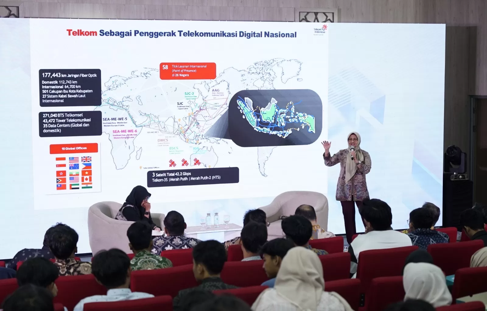 Direktur Utama Telkom Dian Siswarini saat memberikan pemaparan pada acara peluncuran Telkom AI Campus di Universitas Muhammadiyah Yogyakarta (UMY) pada Kamis (23/10).