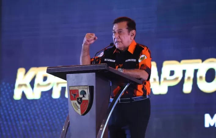 Ketua Umum MPN Pemuda Pancasila Japto S Soerjosoemarno dalam sambutan Hari Ulang Tahun (HUT) ke-66 di Hotel Sultan, Jakarta, pada Selasa, 28 Oktober 2025.