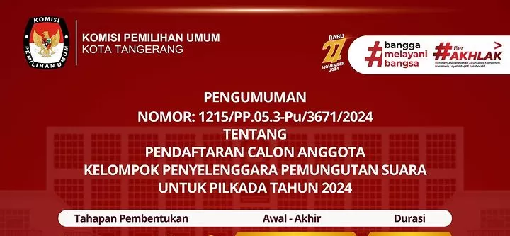 Komisi Pemilihan Umum (KPU) Kota Tangerang buka pendaftaran KPPS untuk Pilkada 2024. (tangerangkota.go.id)