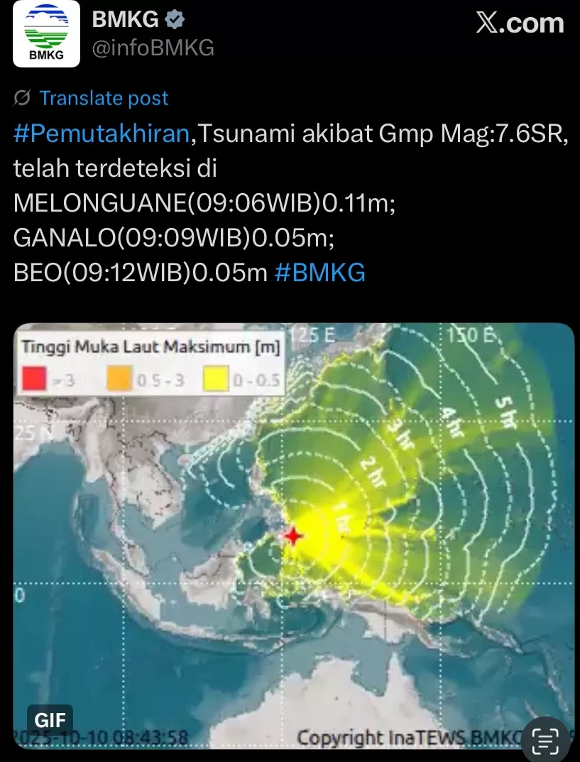 BMKG mengonfirmasi adanya gelombang tsunami kecil akibat gempa bumi berkekuatan M7,6.