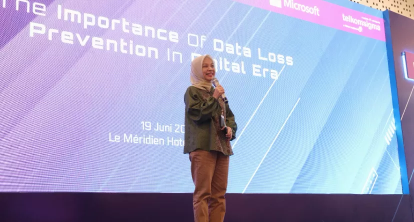 Direktur Utama Telkomsigma Dwi Sulistiani saat memberikan sambutan dalam acara Business Insight "The Importance of Data Loss Prevention (DLP) in Digital Era" pada bulan Juni lalu.