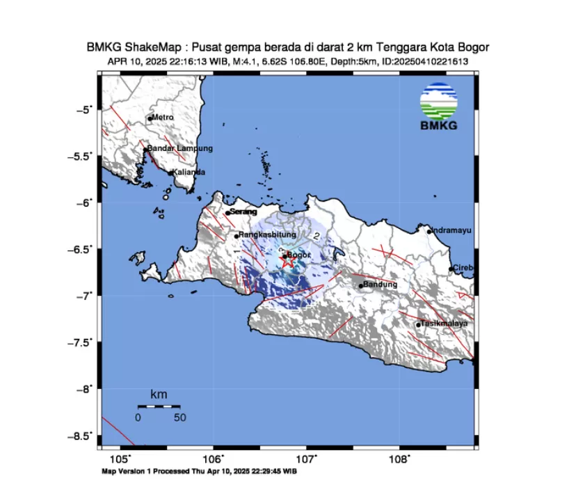 Gempa Bumi terkini dengan kekuatan Magnitudo 4,1 mengguncang wilayah Bogor, Jawa Barat.