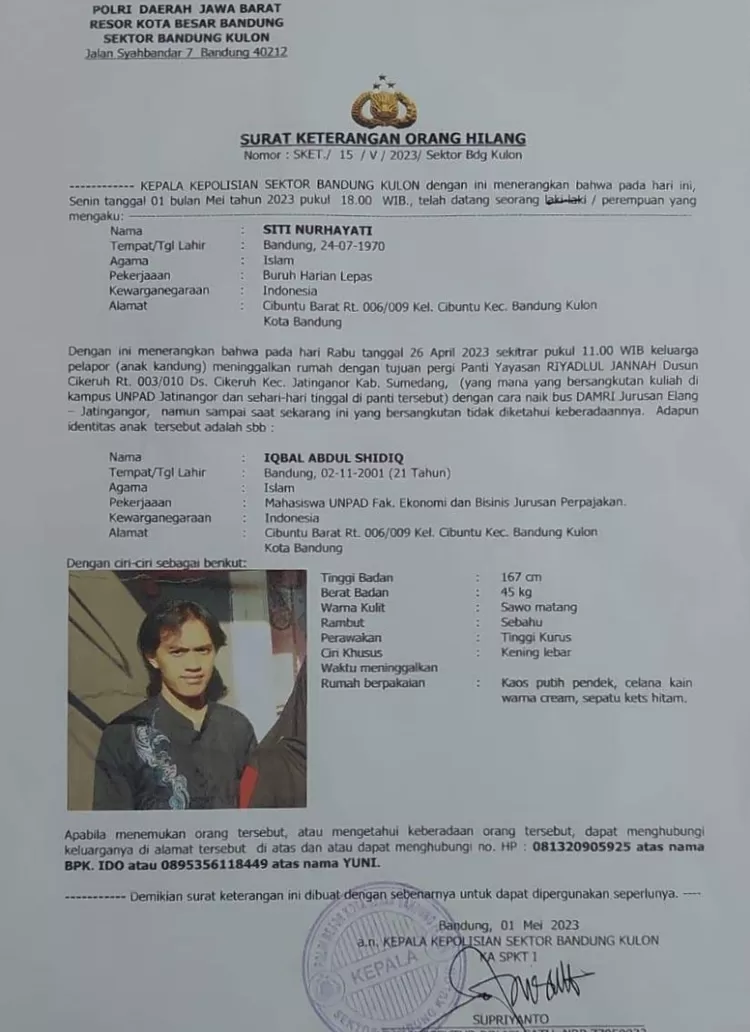 mahasiswa Unpad Jatinangor dikabarkan hilang belum ditemukan