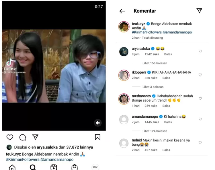 Arya Saloka dan Amanda Manopo saling memberikan komentar