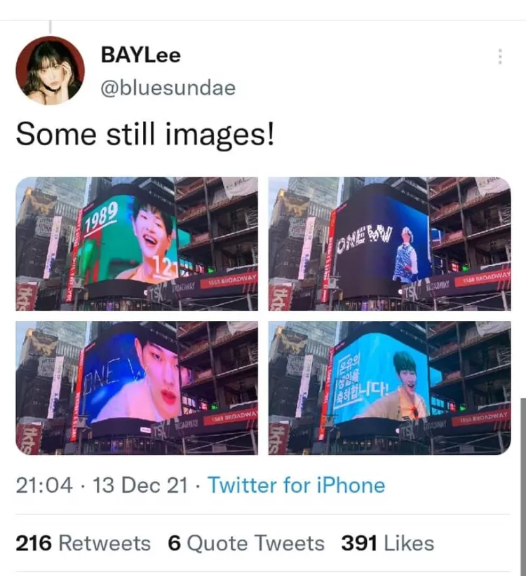 Unggahan terpisah yang menampilkan isi ucapan ulang tahun Onew SHINee yang terpajang megah di salah satu billboard besar di Kota New York