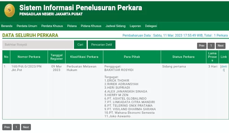 Gugatan terhadap Erick Thohir di PN Jakpus (Tangkapan Layar)