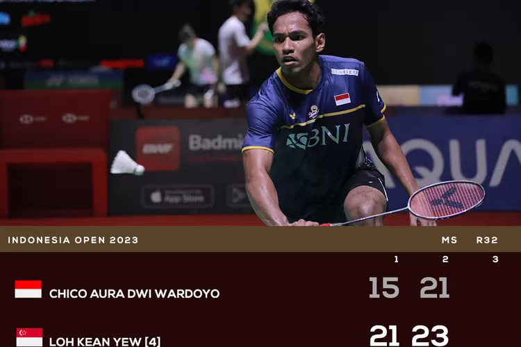 Hasil babak pertama Indonesia Open 2023, Chico Aura Dwi Wardoyo melawan Loh Kean Yew di Istora Senayan, Jakarta, Rabu (14/6/2023)./Twitter @INABadminton (JAKARTA INSIDER )