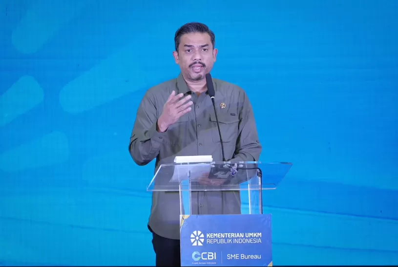 Menteri Usaha Mikro, Kecil, dan Menengah (UMKM) Maman Abdurrahman saat memberi sambutan dalam peluncuran Layanan CBI SME Bureau untuk UMKM.