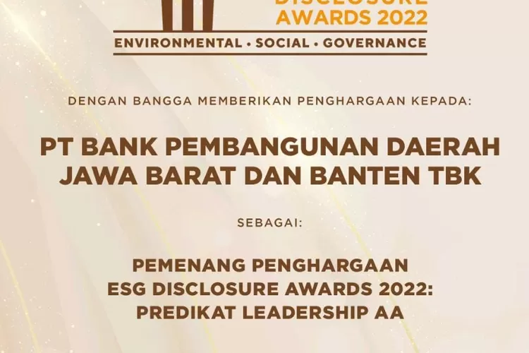 bank bjb kantongi penghargaan ESG Disclosure Awards 2022 (Dokumen bank bjb)