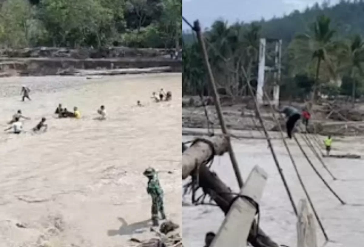 Relawan sempat jatuh ke sungai saat tali jembatan penyeberangan di Reje Payung, Aceh Tengah putus. (Dinas Kominfo Aceh Tengah)