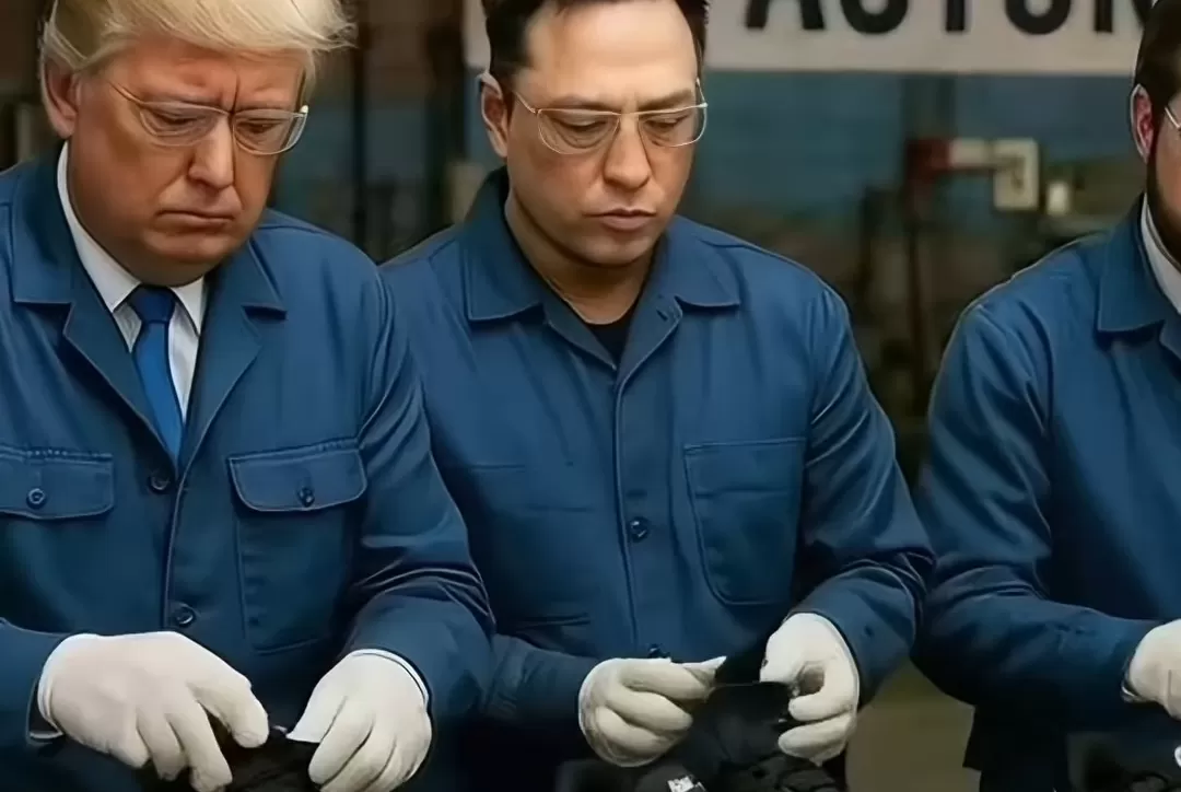 Trump dan Musk digambarkan bekerja lesu di pabrik sepatu dalam video AI buatan China. (Foto: Instagram @fakta.indo)