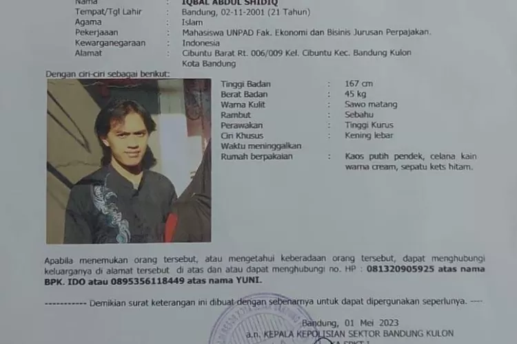 mahasiswa Unpad angkatan 2021 bernama Iqbal Abdul Shidiq dikabarkan menghilang sejak (26/4/2023) hingga kini belum ditemukan, keluarga sudah lapor polisi (Twitter @ErsaTriWahyuni)