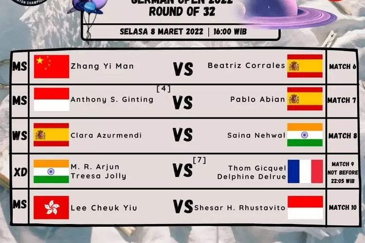 Babak 32 Besar Day 1 Pertandingan German Open 2022 Hari Ini. Yuk, Buruan lihat Link Streaming-nya (Instagram @badminton.ina)