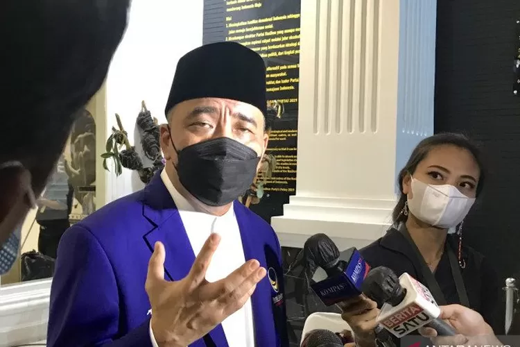 Wakil Ketua Umum Partai NasDem memberi keterangan kepada wartawan di depan pintu masuk Gedung Akademi Bela Negara, Jakarta, Jumat (30/4/2021). (Foto: ANTARA/Genta Tenri Mawangi)