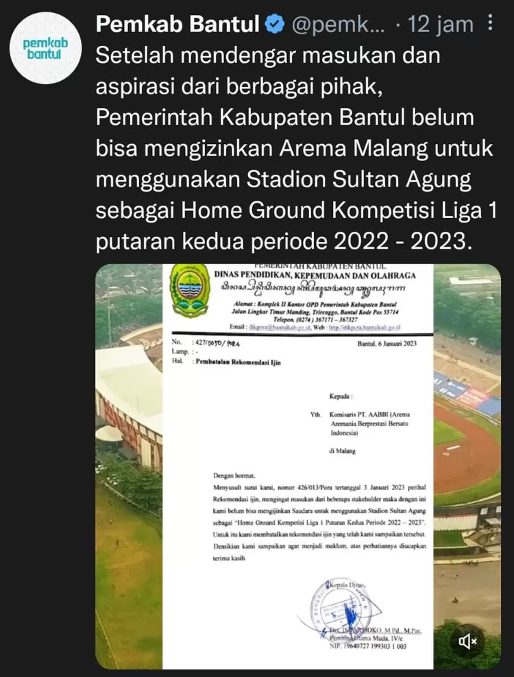 Surat pembatalan rekomendasi atas permohonan Arema FC untuk berkandang di Stadion Sultan Agung yang dikeluarkan Disdikpora Kabupaten Bantul.