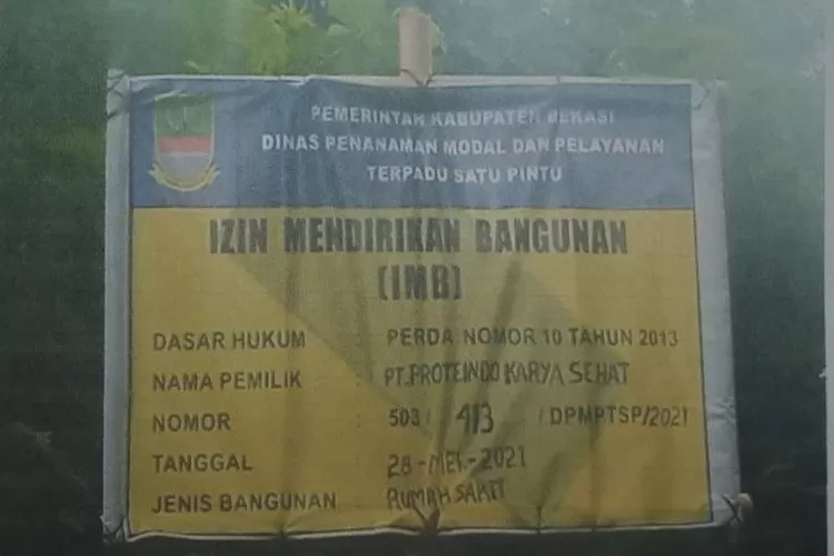 IMB RS Mitra Keluarga yang dikeluarkan DPMTSP Kabupaten Bekasi. (FOTO: Dok)