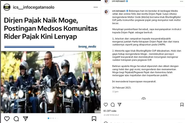 Postingan Instagram Menkeu Sri Mulyani yang menyoroti gaya hidup mewah Dirjen Pajak Suryo Utomo