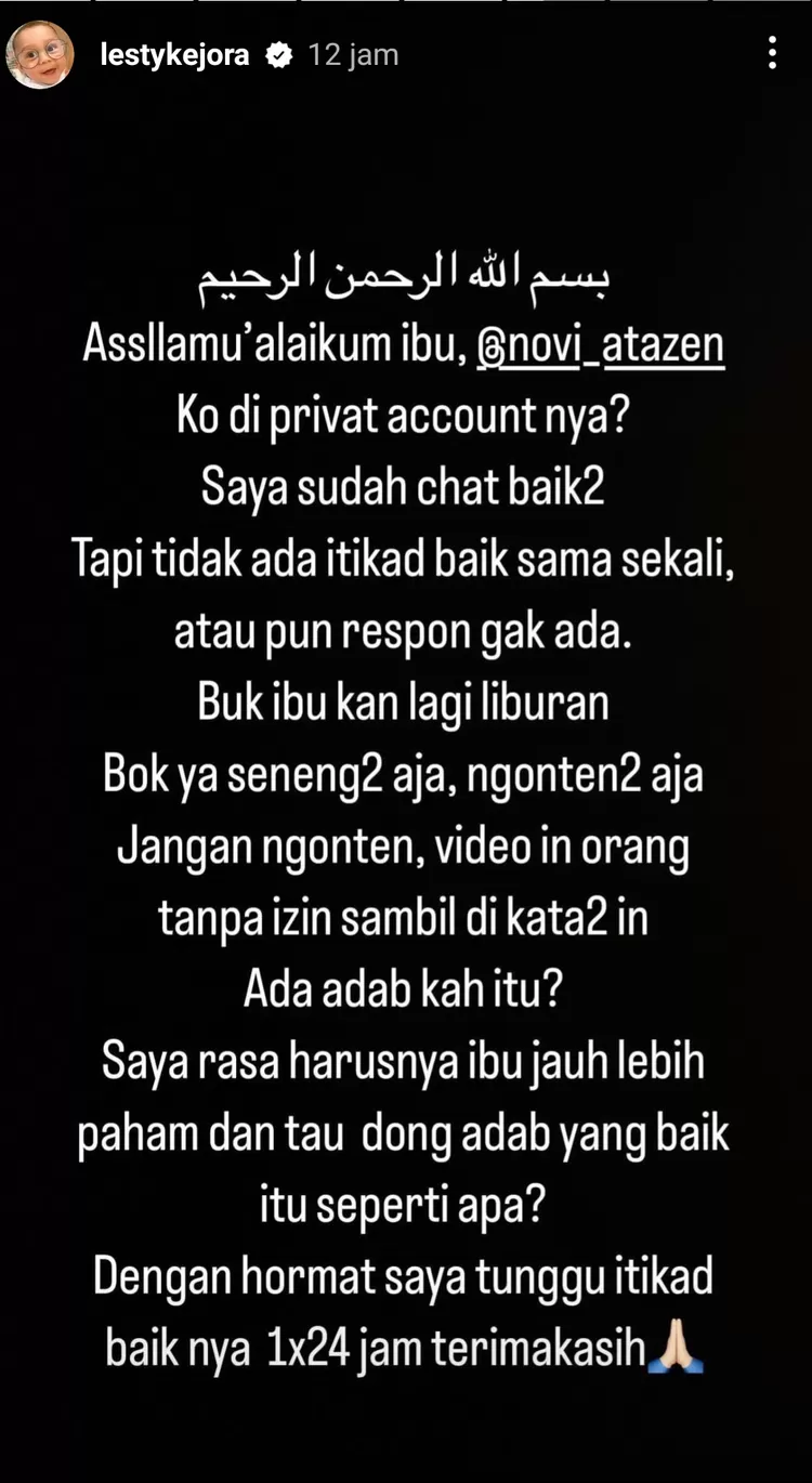 Instastory Lesti Kejora yang ditunjukkan kepada selebgram Novi