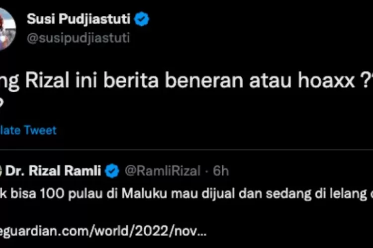 Tangkapan layar cuitan mantan Menteri Kelautan dan perikanan Susi Pudjiastuti soal kabar dijualnya 100 pulau di Maluku