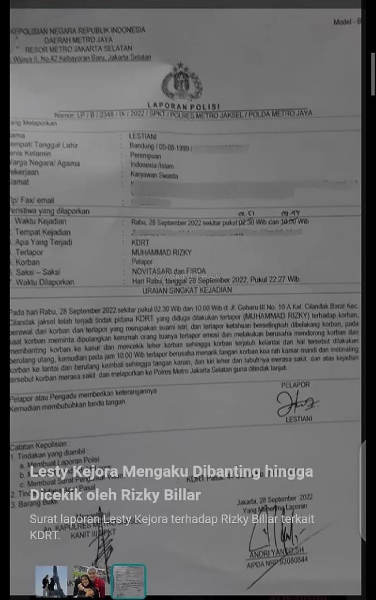 Surat laporan kepolisian Lesti Kejora pada Rizky Billar.