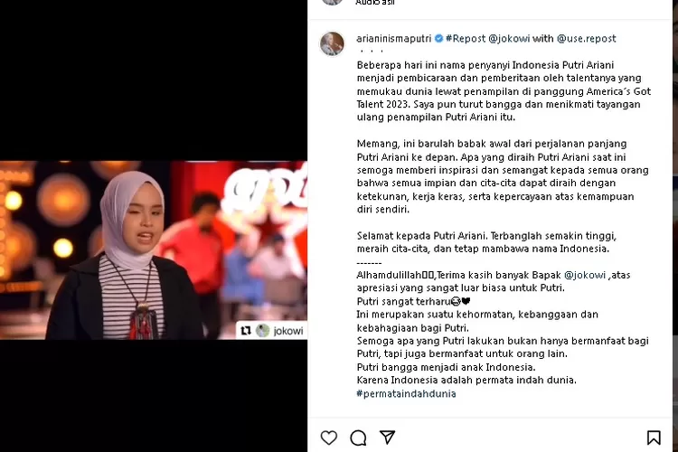 Putri Ariani merepost unggahan Presiden Jokowi yang memberinya ucapan selamat atas prestasi yang dia raih di America's Got Talent 2023
