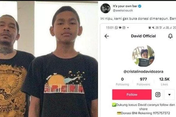 Beredar akun palsu atas nama David untuk open donasi di Instagram dan TikTok. Jonathan Latumahina tegaskan itu akun palsu.