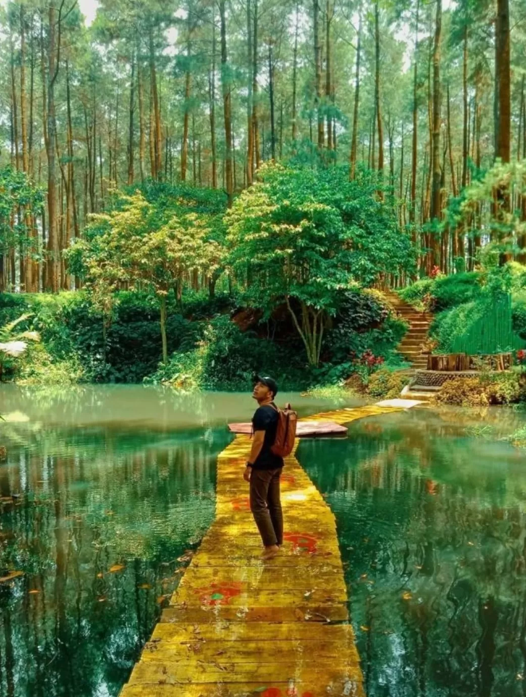 Seorang pengunjung menikmati wisata hutan di Prabalintang Bojong Tegal (Instagram/triptrapliburan)