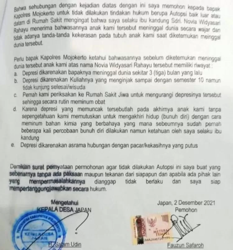 surat pernyataan ibunda Novia Widyasari tolak autopsi jenazah anaknya