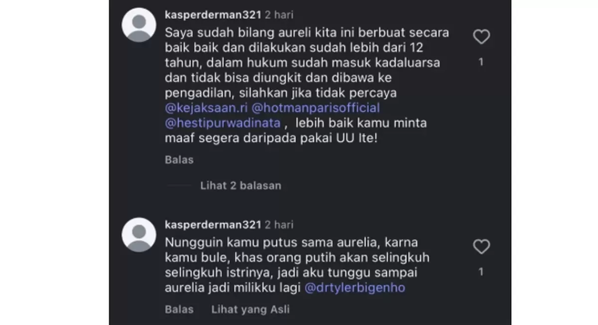 diduga akun bodong Roby Tremonti serang suami Aurelie Moeremans (Instagram @drtylerbigenho)