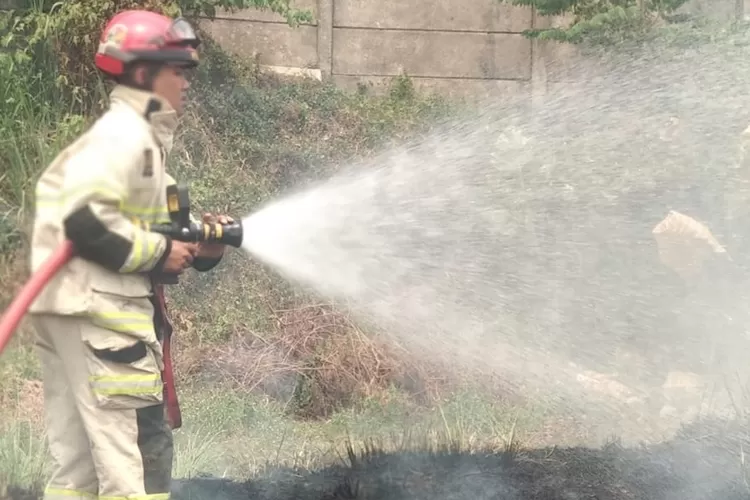Proses pemadaman api di lahan kosong milik Perumahan Arcadia, Kelurahan Tapos, Kecamatan Tapos, Rabu (20/9).