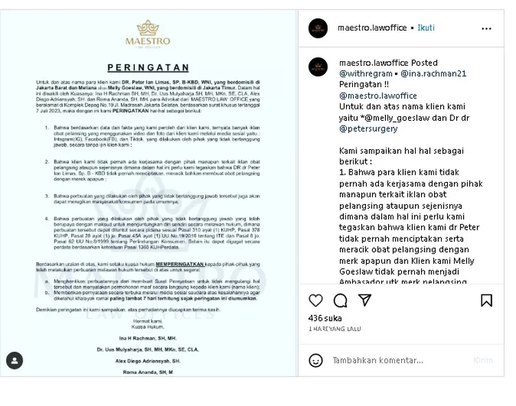 Unggahan surat terbuka dari kuasa hukum Melly Goeslaw terkait pencatutan namanya oleh beberapa produsen obat pelangsing tanpa izin.