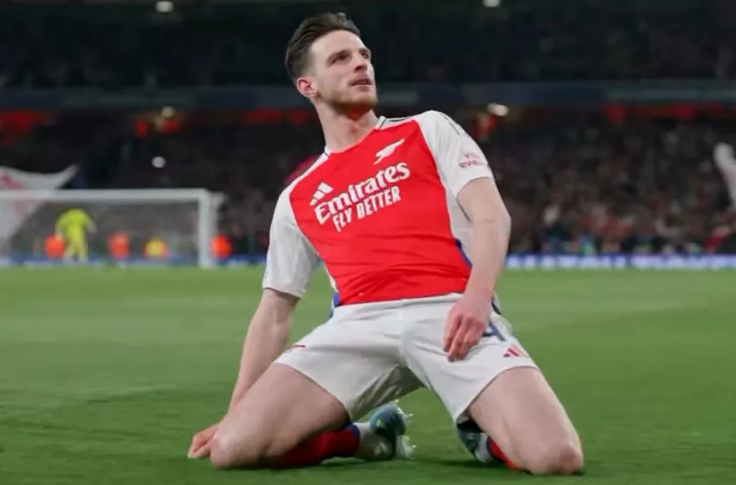Declan Rice merayakan gol keduanya ke gawang Real Madrid di Emirates Stadium, London.(Foto: Instagram @arsenal)