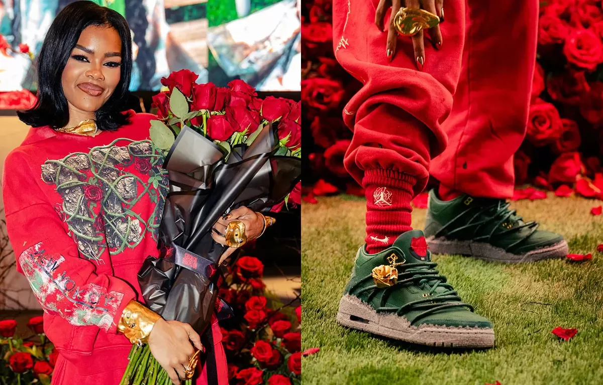 Teyana Taylor mencuri perhatian di panggung NBA All-Star Weekend 2026 dengan kemunculan spesial mengenakan kolaborasi terbarunya, Air Jordan 3 "Concrete Rose". (sneakernews)