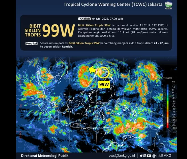 BMKG melaporkan ada Bibit Siklon Tropis 99W terpantau di wilayah Indonesia.
