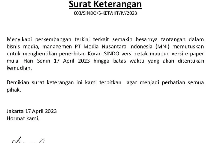 Pengumuman Penutupan Koran SINDO versi cetak dan e-paper. (PT MNI)