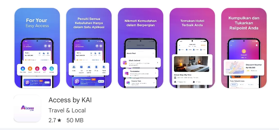 Tangkapan layar aplikasi pemesanan tiket kereta api KAI Access