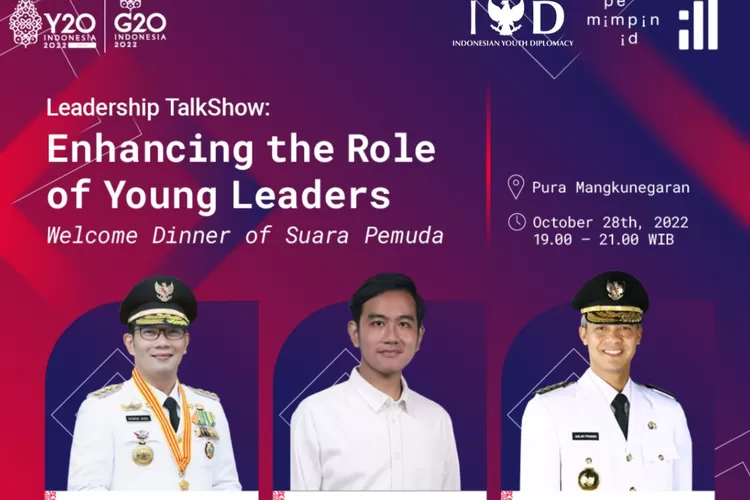 Flayer pertemuan Y20 yang akan berlangsung di Kota Solo, 28 Oktober 2022 yang menghadirkan Walikota Gibran Rakabuming Raka, Gubernur Jawa Tengah Ganjar Pranowo dan Gubernur Jawa Barat Ridwan Kamil. (istimewa)